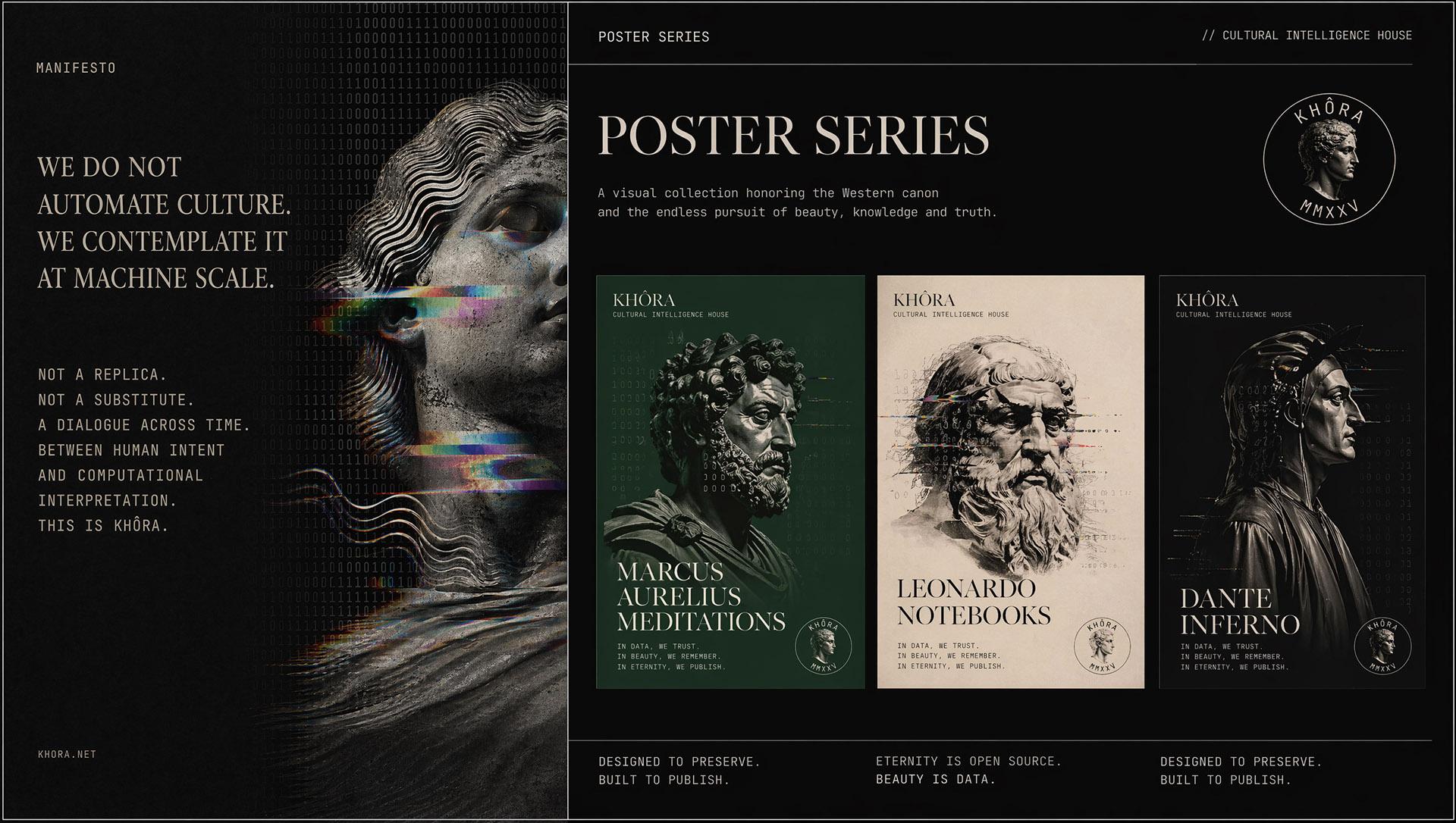 Khôra — editorial poster with classical statuary and digital rupture