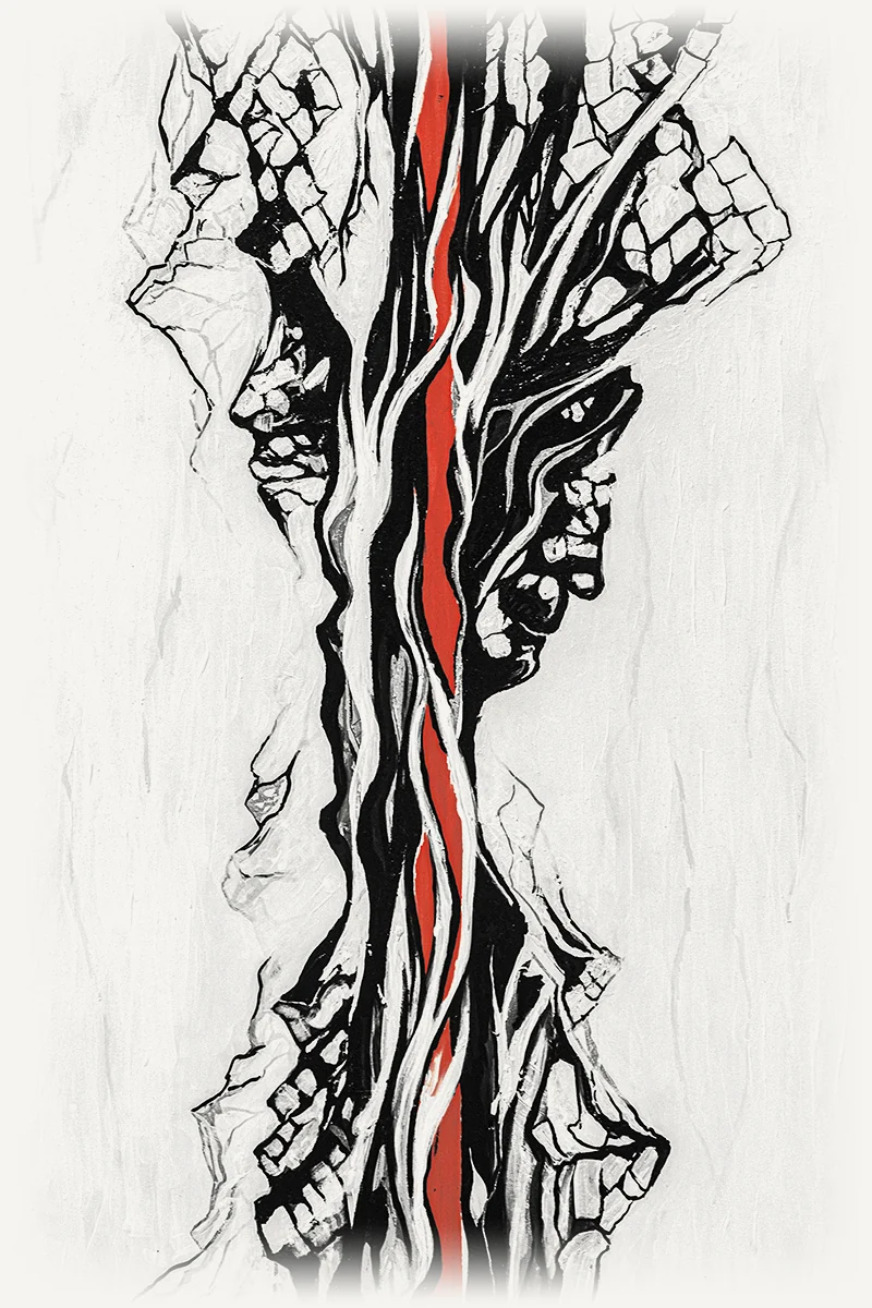 Duality: black and white shapes split by a vertical red line